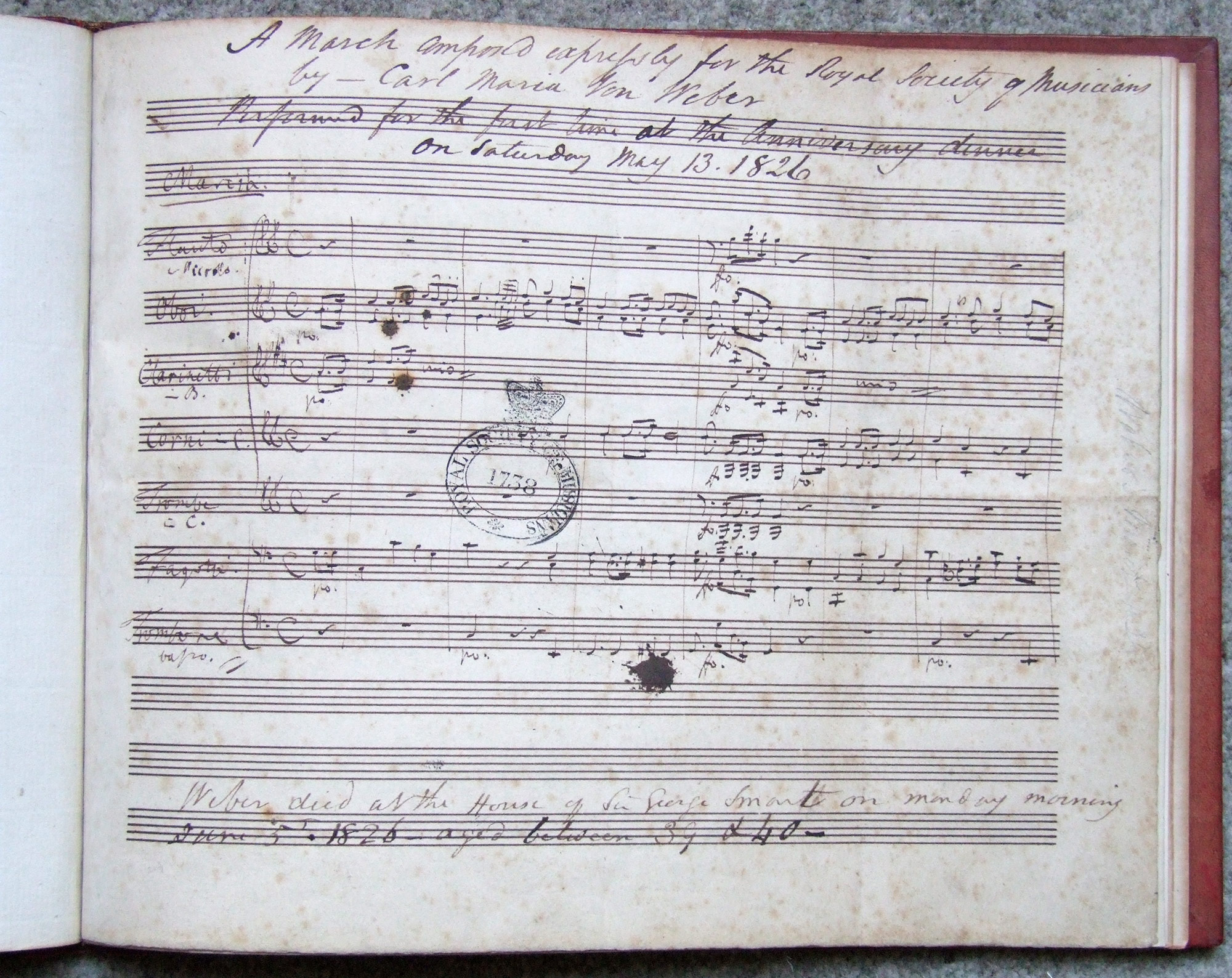 A march composed expressly for the Royal Society of Musicians by Carl Maria Von Weber; performed for the first time at the anniversary dinner on Saturday May 13, 1826.  [London]: 1826.