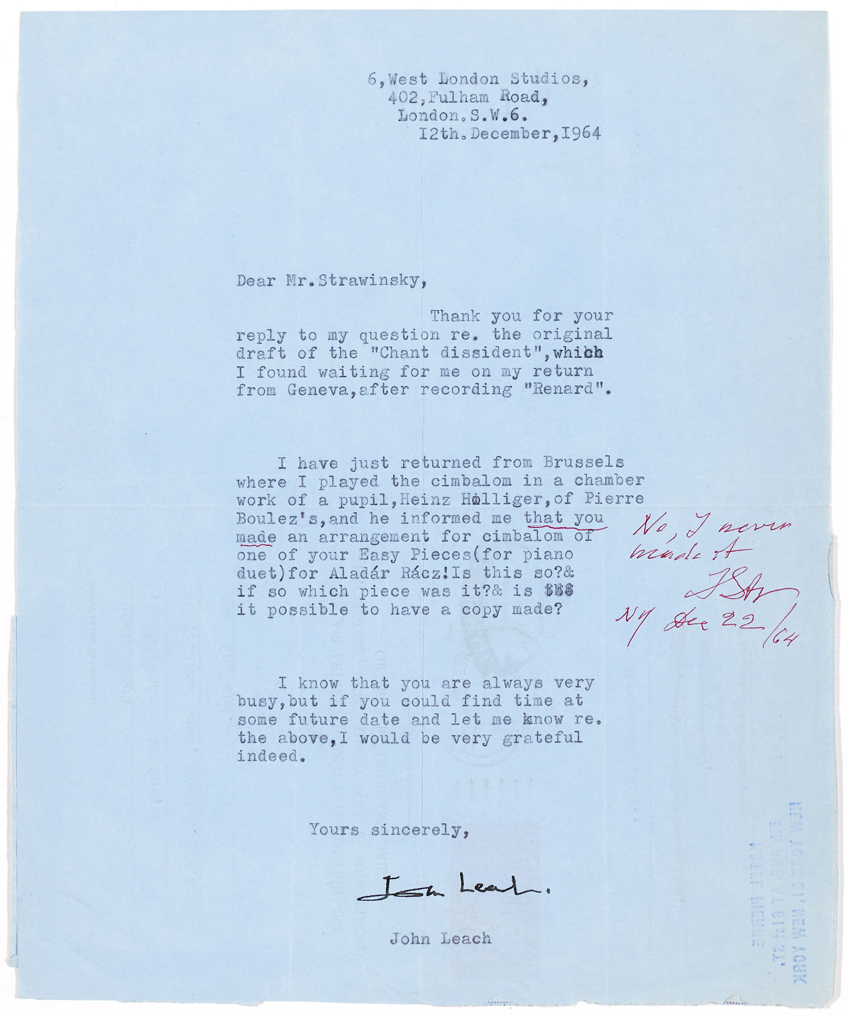 Typed letter from the flautist and dulcimer player John Herbert Leach (1931-2014, Member 00815) to the composer Igor Stravinsky regarding an arrangement of Polka, the third of his Trois pièces faciles; annotated by the composer and returned to Leach, dated 22 December 1964. 