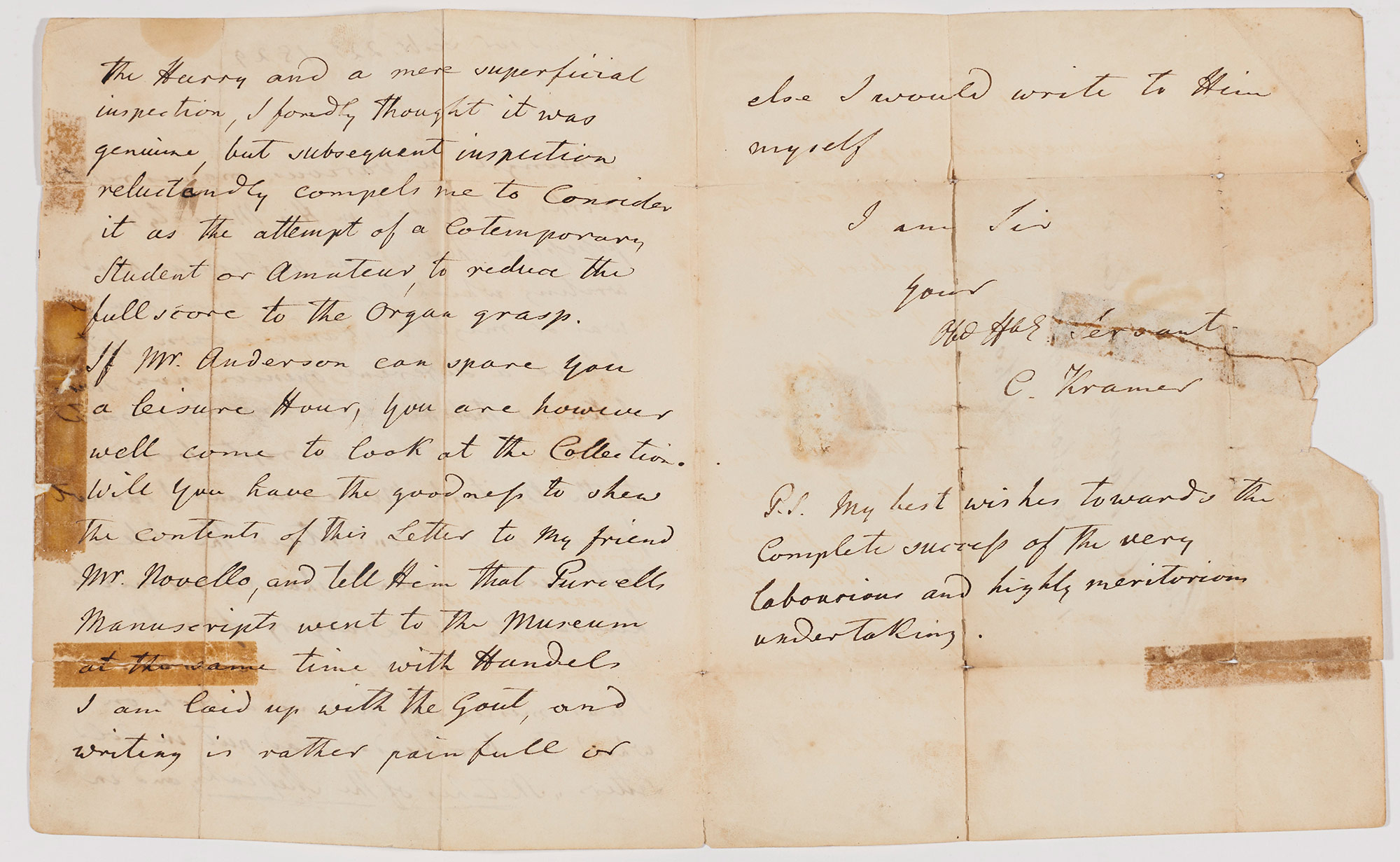 A letter from Christian Kramer (d.1834) addressed to C. Hamilton, of 19 Wardour Street. 