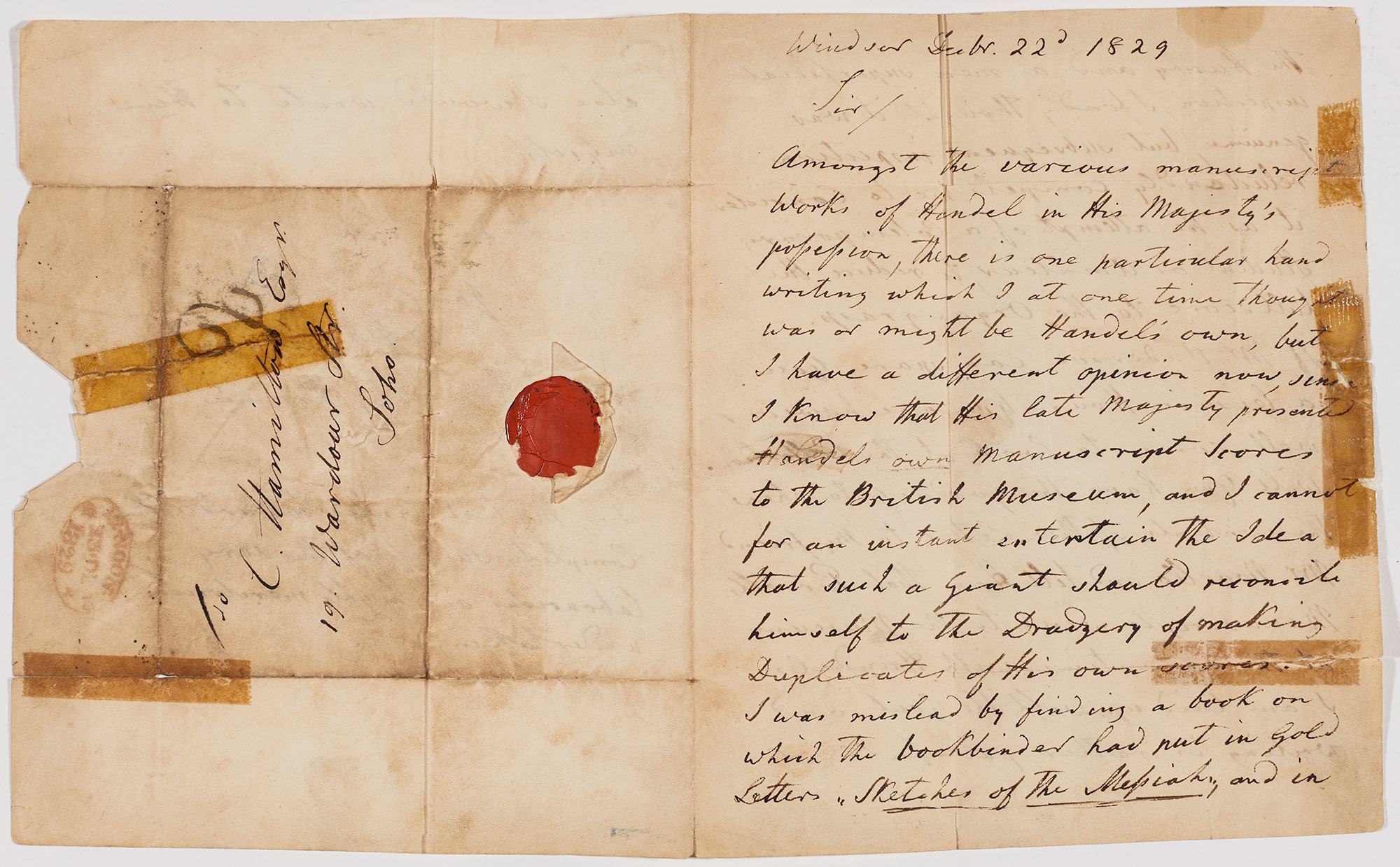 A letter from Christian Kramer (d.1834) addressed to C. Hamilton, of 19 Wardour Street. 